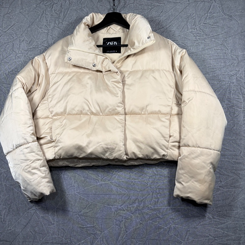 Zara Puffer Jacket Womens S Beige Cropped Quilted Satin Finish Streetwear Coat